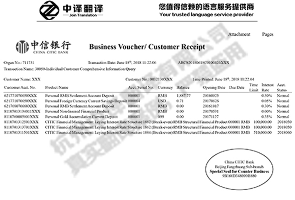 杭州中譯翻譯公司中信銀行業(yè)務(wù)憑證（客戶回單）翻譯件模板