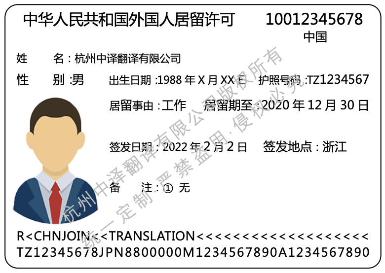 日本簽證翻譯成中文模板,日本外國人居留許可證翻譯成中文模板.png